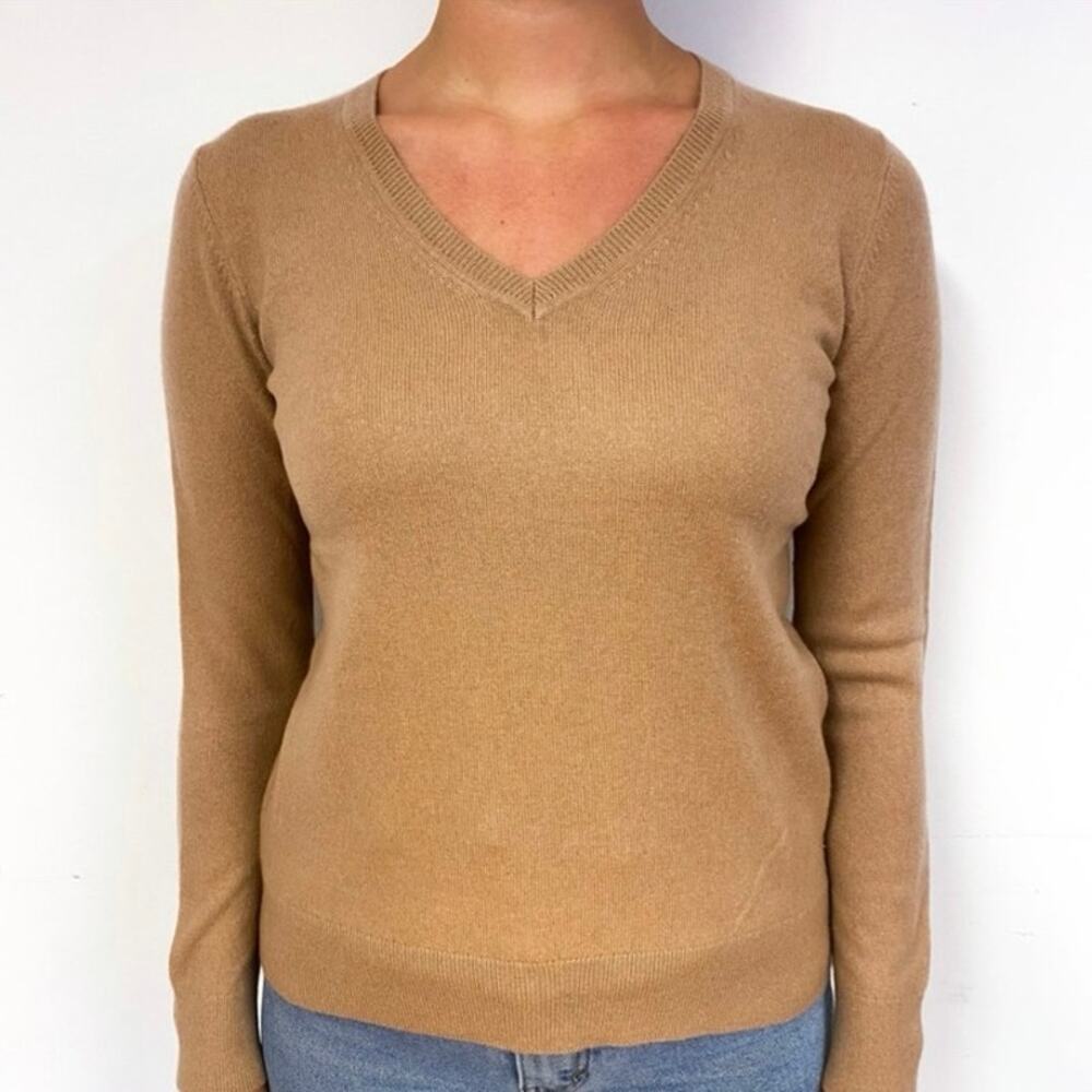 Quince 100% Cashmere V-Neck Sweater Small Camel Tan Quiet Luxury